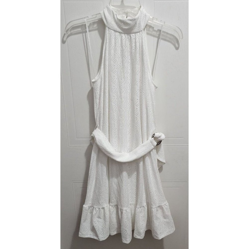 NEW Michael Kors Women's Sleeveless High Neck Dress White Eyelet Ruffle Hem Sz S